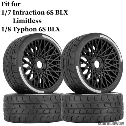 17mm Hex Highway Tires & Plastic Rims for 1/8 Typhon 6S BLX 1/7 Infraction 6S BLX Limitless - On-Road/Drift Upgrade,4pcs,Black