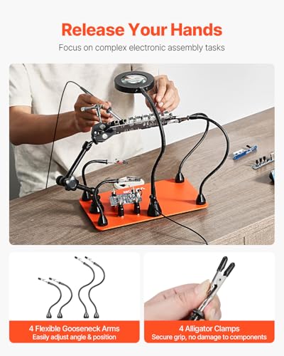 VEVOR Magnetic Helping Hands Soldering Station, Third Hand Soldering Tool with Gooseneck LED Magnifying Lamp, 4 PCB Holders & 360 Hot Air Gun Holder for Electronic Repair Craft Hobby - style: with Heat Gun Holder
