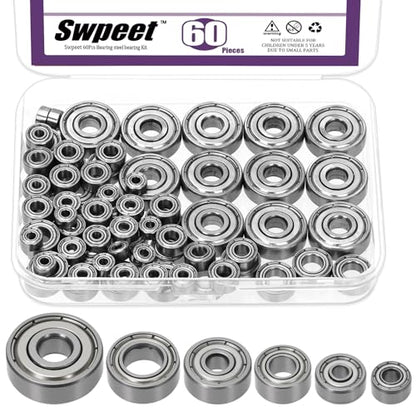 Swpeet 60Pcs 6 Sizes 693ZZ, 623ZZ, 624ZZ, 685ZZ, 687ZZ,627ZZ Ball Bearings Assortment Kit, Bearing Steel Deep Groove Bearings, Double Shielded - size: Assortment Kit-60PCS, style: Bearing Steel