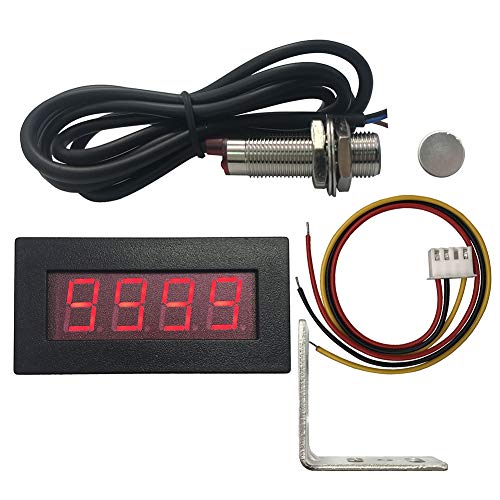 4 Digital Red LED Tachometer RPM Speed Meter + Hall Proximity Switch Magnet Sensor NPN + Sensor Mounting Holder for Lathe Conveyor Belt - color: Red