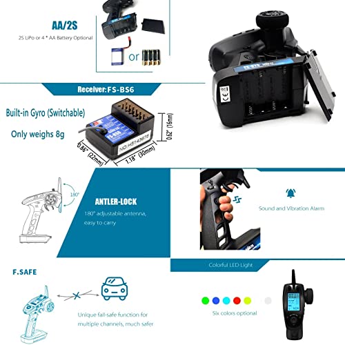 HTLNUZD Flysky FS-GT5 Radio Transmitter & FS BS6 Gyro Receiver, 6 Channels 2.4Ghz for Remote Control RC Car Crawler Boat with ABS Setting, AFHDS 2A, 4 Climbing Mode