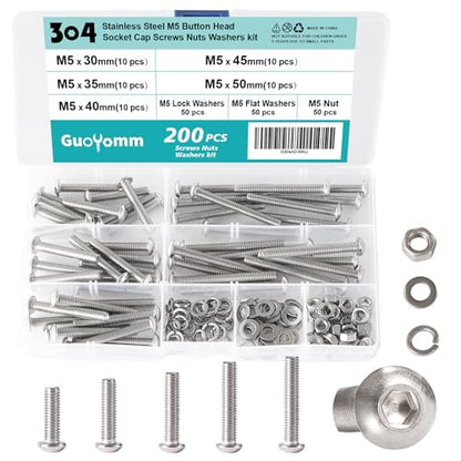 200 PCS M5 x 30mm 35mm 40mm 45mm 50mm, Button Head Socket Cap Screws Bolts Washers Nuts Assortment Kit, Stainless Steel 304, Metric Allen Hex Drive - size: Button M5x30/35/40/45/50 mm