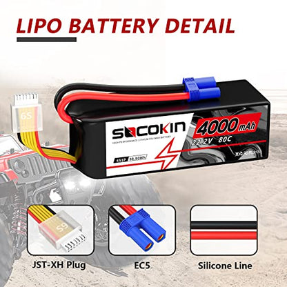 6S Lipo Battery 22.2V 4000mAh 80C Lipo Battery with EC5 Plug Soft Case for RC Car RC Boat RC Racing Truck Helicopter Airplane 2 Pack