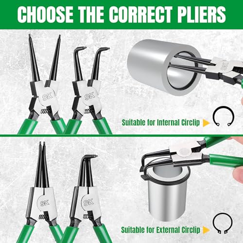 SK 4-Piece Snap Ring Pliers Set, 7-Inch Internal/External Circlip Pliers | C Clip Pliers with Straight/Bent Jaw, 0.07'' Tip Diameter, Premium CR-V Steel, with Zipper Pouch - style: 4-Piece Set