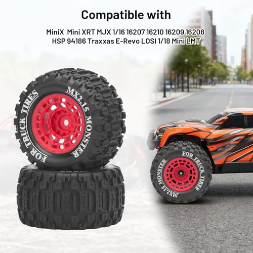 1/16 RC Car Tires and Wheels, daitoku 12mm Hex RC Truck Tires for MiniX Mini XRT 1/16 MJX 16207 16210 16209 16208 HSP 94186 Traxxas E-Revo LOSI 1/18 Mini LMT - Style B (Red) - color: Red