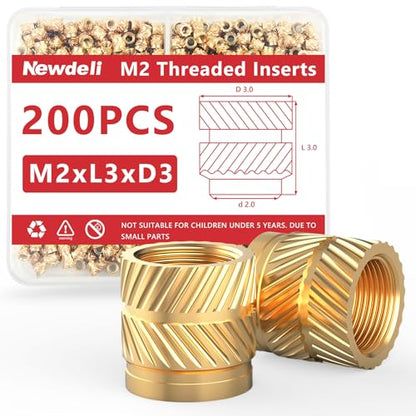 Newdeli 200pcs M2 Heat Set Inserts M2x3x3 Threaded Inserts for Plastic and 3D Printing Components Brass Metric Knurled Nuts Kit - size: M2x3x3 (200 pieces)