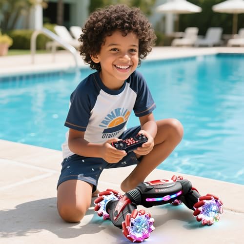 Contixo Kids Large Remote Control Car w/Gesture Sensor, Stunt Car, Red | Gesture Sensor, 4WD 360° Spins, Music, Lights & Spray, Side Drifts, Double-Sided Driving Off-Road Stunt - color: Red