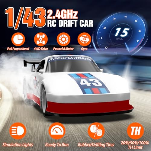 RC Drift car, 1/43 Mini Rc Drift car with Gyroscope, 2.4GHz Full Proportional Remote control Cars, 4WD High Speed Racing with Lights, Racing Tires, Model Cars Gift for Adults, Kids, Boys, Girls - color: White-p