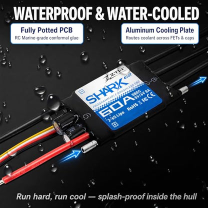 ZTW Shark G2 60A ESC 2-6S Built-in Swithcing BEC 5V/6V 8A Water-Cooling Bidirectional Waterproof Brushless Speed Controller for RC Boat Marine - size: 60A