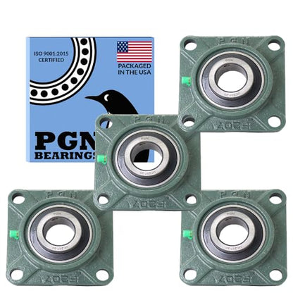 PGN UCF207-20 Pillow Block Bearing - Pack of 4 Square Flange Mounted Pillow Block Bearings - Chrome Steel Bearings with 1-1/4" Bore, Self Alignment - size: 4, style: UCF207-20