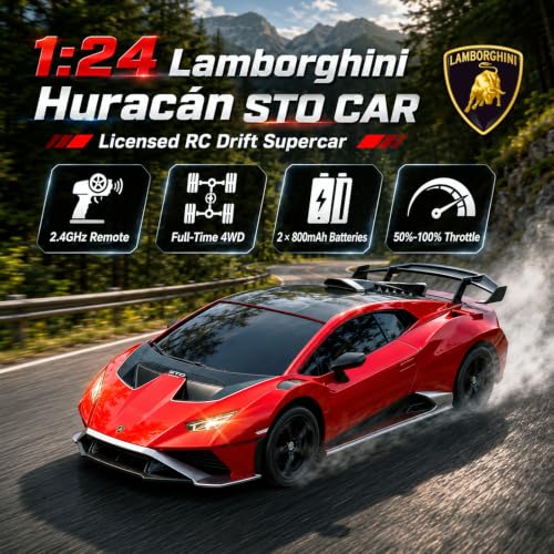 YESHIN 1：24 Lamborghini Haracan Drifting Car Gray, Lamborghini Toy Car, RC Cars for Boys Age 8-12, 2.4GHz Remote Control Car with Light - color: A-red