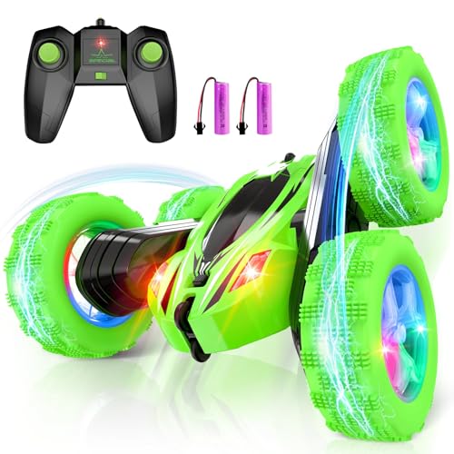 Qumcou Remote Control Car for Boys 4-7,RC Cars Toys for Ages 5-7, 2.4Ghz Fast Double-Sided 360°Rotating Toy Cars with Headlights and Wheel Lights, Christmas Birthday Gifts for Boys Age 6-12, Green