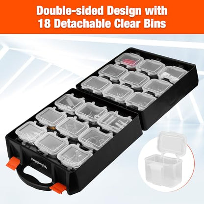 ValueMax Small Parts Organizer Box, Double-Sided Tool Box with 18 Removable Bins, Portable Screw & Parts Storage Case for Nuts, Bolts, and Hardware