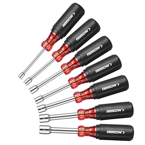 ARROW 7 PCS SAE Nut Driver Set with 1-Inch Hollow Shaft | Non-Slip Grip, Cr-V Steel, Hex Sizes 3/16, 1/4, 5/16, 11/32, 3/8, 7/16, 1/2-Inch, Easy for Tightening and Unscrewing