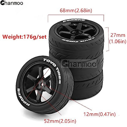 1/10 RC Rally Racing Tires and Plastic Drift Wheels 12mm Hex On Road Tyres for 1:10 Touring Street Car Tamiya TT01 TT02 XV01 TA06 A959 PTG2 144001 HPI KYOSHO HSP PTG2 Traxxas 4PCS (Black) - color: Black