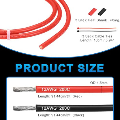 MECCANIXITY 12 Gauge Silicone Electrical Wire Cables, 12 AWG 3ft Black and 3ft Red Electrical Wires High Temp 600V 200C Flexible Stranded Tinned Copper Wires Automotive Cable with Accessories - size: 12 Gauge 1m/3ft
