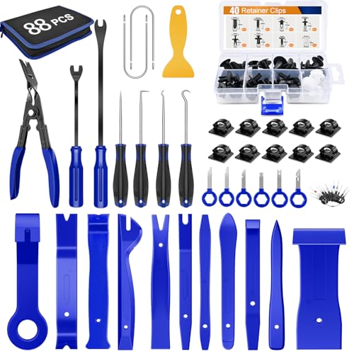GOOACC 88Pcs Auto Trim Removal Tool and Push Pin Retainer Clip Set | Fastener Terminal Remover Tool Adhesive Cable Clips Pry Kit Car Panel Radio Removal Auto Clip Pliers - color: 88Pcs Clips Removal Kit Blue