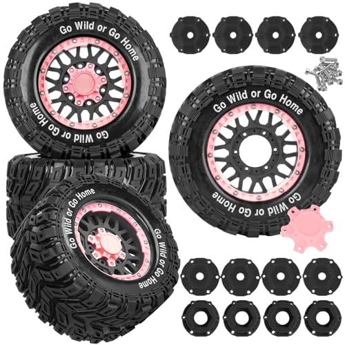RC Truck Tires Wheel for 1/10 Big Rock Granite Vortek 3s / Stampede Rustler RC Car,4-Pack RC Wheels Tires Plastic Wheels w/12mm/14mm/17mm Replaceable Hex,Pink-Black - color: Pink-black- (Rc Tires Wheel)