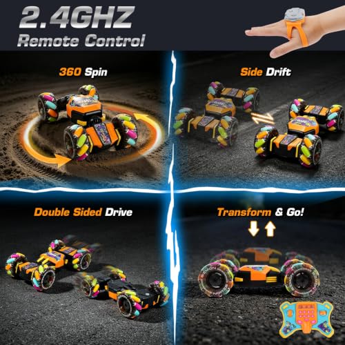 Gesture Sensing RC Stunt Car for Kids 6-12, 4WD Hand Controlled with Rainbow Wheels, Light & Music, Program & Play