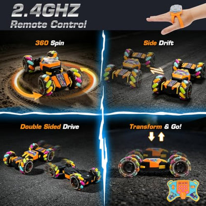 Gesture Sensing RC Stunt Car for Kids 6-12, 4WD Hand Controlled with Rainbow Wheels, Light & Music, Program & Play