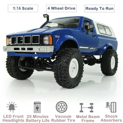 RC Truck 1/16 RC Rock Crawler, WPL C24 4x4 RC Pickup Truck, 2.4GHz Remote Control Car, All Terrain Off Road RC Climbing Car with Headlights and 2 Batteries for Adults (Blue) - color: Blue