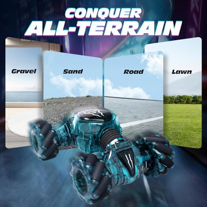 Tecnock Remote Control Car for Boys Girls, 2.4GHz 4WD Gesture Sensing RC Stunt Car Toys - 360° Rotating Double Sided Hand Controlled RC Cars with LED Lights, Gifts for Kids Ages 6-8, 8-12 - color: Deep Green