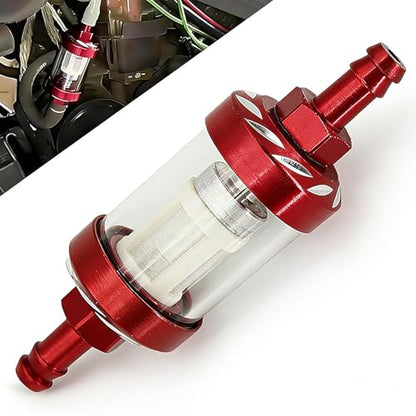 Car Fuel Filters, Tempered Glass Waterproof Fuel Filter Cup, Inline Alloy Rust-Proof and Durable Efficient Filter Oil Cup, Universal for Truck Motorcycle SUV Car (Red)