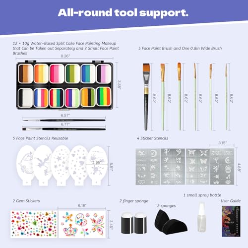 Pintada 120g Large Capacity Face Painting Kit for Kids - 12 x 10g Non Toxic Water Activated Face Paint Palette with Brush, Stencil, Gem, Sponge. For Halloween , Carnival, Party, Festivals & Events. - color: 12 Color Face Paint - 23 Piece Set