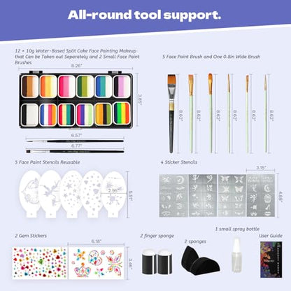 Pintada 120g Large Capacity Face Painting Kit for Kids - 12 x 10g Non Toxic Water Activated Face Paint Palette with Brush, Stencil, Gem, Sponge. For Halloween , Carnival, Party, Festivals & Events. - color: 12 Color Face Paint - 23 Piece Set