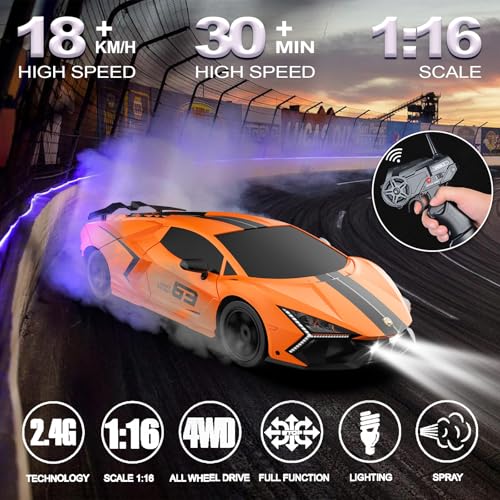 Remote Control Car RC Drift Car 1:16 Scale 4WD 18KM/H High Speed Model Vehicle 2.4GHz with LED Lights Spray Rubber Tire Racing Sport Toy for Adults Boys Girls Kids Gift 2Pcs Rechargeable Batteries - color: Orange