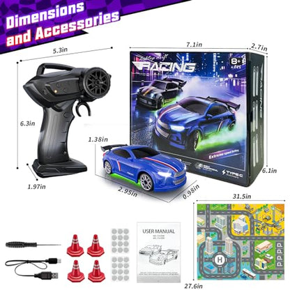 Mini RC Car 1:64 Scale, Remote Control Desktop Car for Kids & Adults | 2.4GHz RC Drift Car with LED Lights & 2 Speeds, Includes 4 Obstacles & Track Mat, Hobby Gift for Boys, Blue - color: Blue