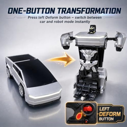 2.4GHz RC Cyber Pickup, Transforming Robot Stunt Car | ABS shell, rubber tires, 360° spin, one‑key deformation, auto demo, white front & red rear LED bar, 2 rechargeable batteries - color: Silver - Cyber