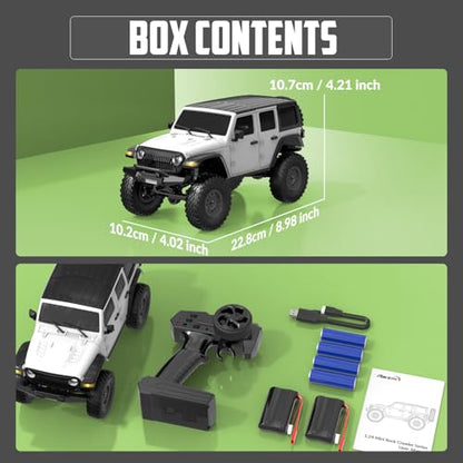 1/24 RC Crawler, 4WD Remote Control Truck for Beginners & Adults | Off-Road Monster Truck, Rock Climbing, LED Light, Waterproof, Hobby Grade, 4 Batteries, White - color: Plain White