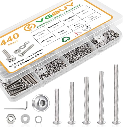 VGBUY 440pcs M3 Screw Assortment Kit, M3 Screws Bolts for 3D Printer DIY, Hex Button Head Cap Screws Bolts Nuts Washer Kit, 304 Stainless Steel, 25/30/35/40/45mm - size: M3x25/30/35/40/45mm, style: Button Head