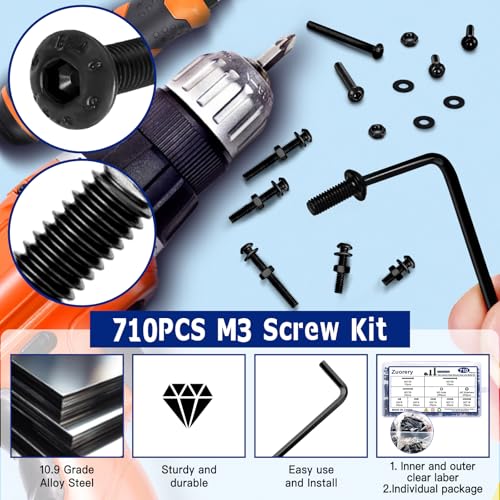 710PCS M3 Screw Assortment Kit, M3x6/8/10/12/16/20/25/30mm M3 Screw Kits | 10.9 Grade Alloy Steel Metric Hex Button Head Cap Screws, Nuts and Flat Washers, Black Zinc Plated Screw Set for 3D Printing - size: M3