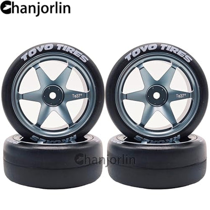 RC 1/10 Drift Tires & Aluminum Wheels 12mm Hex OD 65mm Hard Drift Racing Smooth Tyres for 1:10 1/12 Rally Street On Road Touring Car TT01 TT02 XV02 XV01 TA06 HPI KYOSHO PTG2 4PCS (Titanium) - color: Titanium