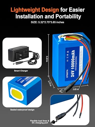 24V 10Ah Lithium Battery with Charger, 24 Volt Rechargeable Battery for Kids Ride-On Toys, DIY Projects, LED Strip Lights, CCTV Cameras and Portable Devices