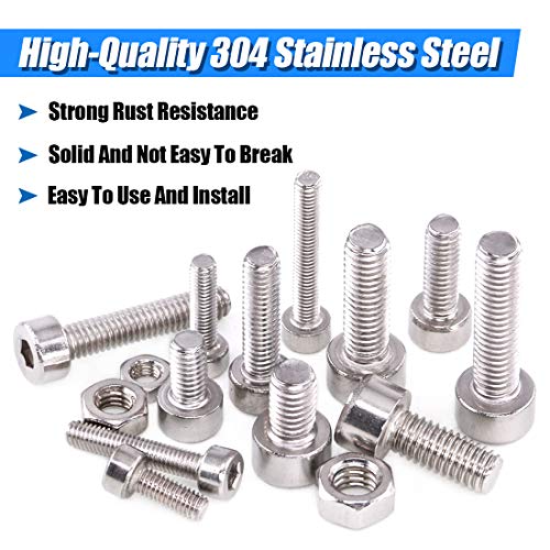 Glarks 510Pcs M3 M4 M5 304 Stainless Steel Hex Socket Head Cap Screws with Nuts Assortment Kit - size: Hex Socket Head Cap Screws Set