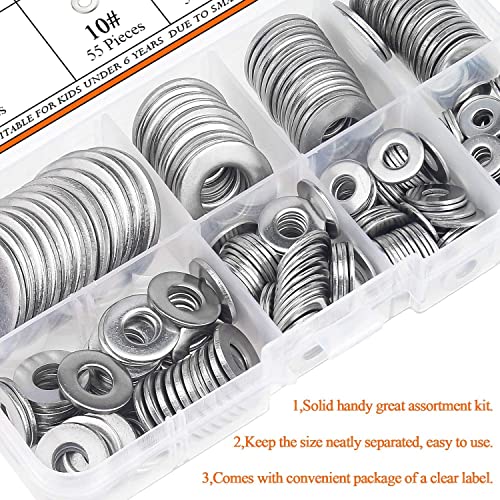 HELIFOUNER 270Pieces 8 Sizes Stainless Steel Flat Washers Assortment Kit, 1/2 3/8 5/16 1/4 12# 10# 8# 6#