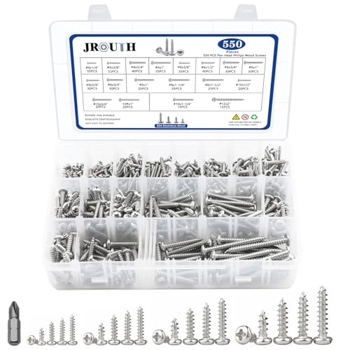 550Pcs Stainless Steel Wood Screws Assortment Kit, Philips Pan Head Sheet Metal Screws Self Tapping Screws, #4,#6,#8,#10,#12, Length 1/4" to 2" - Silver - color: Pan Head - 304 Stainless Steel - 550pcs