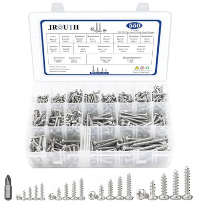 550Pcs Stainless Steel Wood Screws Assortment Kit, Philips Pan Head Sheet Metal Screws Self Tapping Screws, #4,#6,#8,#10,#12, Length 1/4" to 2" - Silver - color: Pan Head - 304 Stainless Steel - 550pcs