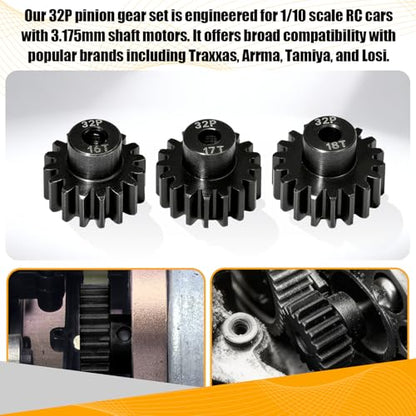 3PCS 32P Pinion Gear #45 Hardened Steel 3.175mm - 16T 17T 18T 0.8M Motor Pinion Gear Set for 1/10 RC Car, Compatible with Traxxas Arrma Tamiya Losi Brushless Brushed Motor Upgrade Parts - size: 16 17 18T