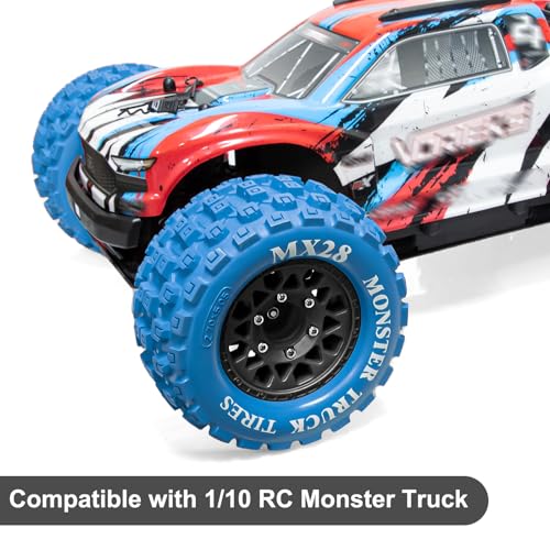 LRFHL MX28 F/R 2.8" RC Monster Truck Tires and Wheels 4PCS, Blue | 12mm/14mm Hex Adapter, 1/10 RC Monster Truck, Compatible with Traxxas Stampede Rustler Redcat Arrma Vorteks Big Rock Granite - color: Blue Tires+ Black Wheel-6