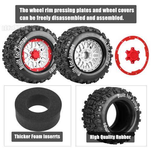 17mm Hex 1/7 1/8 1/10 RC Wheels and Tires for 1/10 Revo/Summit/T-Maxx/E-Revo,1/8 Kraton/Outcast/Fireteam/Notorious 6S,Sledge,1/7 Fireteam 6S,etc RC Monster Truck,(4Pcs) Red White - color: Red White - (Rc Truck Tires)