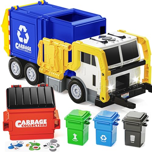 JOYIN Large Friction Powered Garbage Truck Toy Set, Includes 1 Dumpster, 3 Trash Bins, and 30 Learning Cards for Kids, Blue - color: Blue