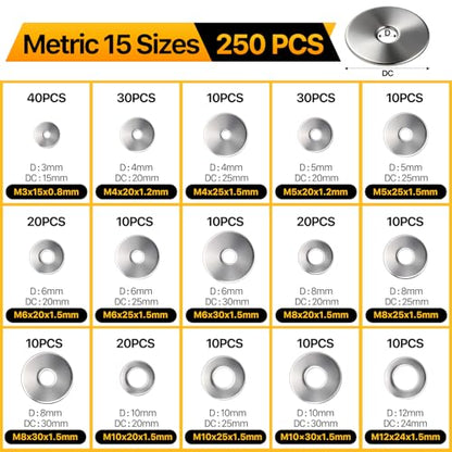250PCS Flat Washers Assortment Kit, 304 Stainless Steel Washers | Fender Washers, 15 Sizes (M3 M4 M5 M6 M8 M10 M12) Metric Metal Washers for Screws and Bolts, Automotive Industrial Home Use - style: 250PCS (Metric)