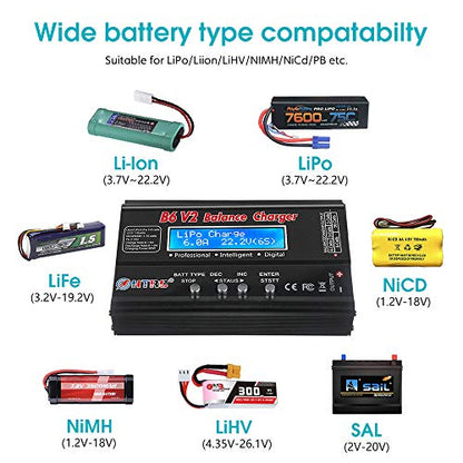 LiPo Battery Charger RC Car Balance Charger, 1S-6S Digital Discharger Battery Pack Charger 80W 6A for Li-ion Life NiCd NiMH LiHV PB Smart Battery,Deans Connectors + Power Supply