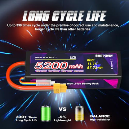 11.1V Lipo Battery 3S 5200mAh 80C Lipos Hard Case with XT60 Connector for RC Car Trucks 1/8 1/10 RC Vehicles - color: Hardcase