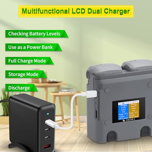 Multifunction LCD Dual Chargerfor DJI Air 3S 3 Battery | Storage Charge,Discharge,Fast Charging Two Batteries,Two-Way Hub Accessories
