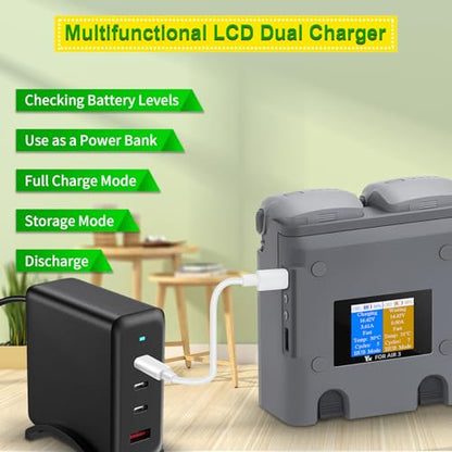 Multifunction LCD Dual Chargerfor DJI Air 3S 3 Battery | Storage Charge,Discharge,Fast Charging Two Batteries,Two-Way Hub Accessories